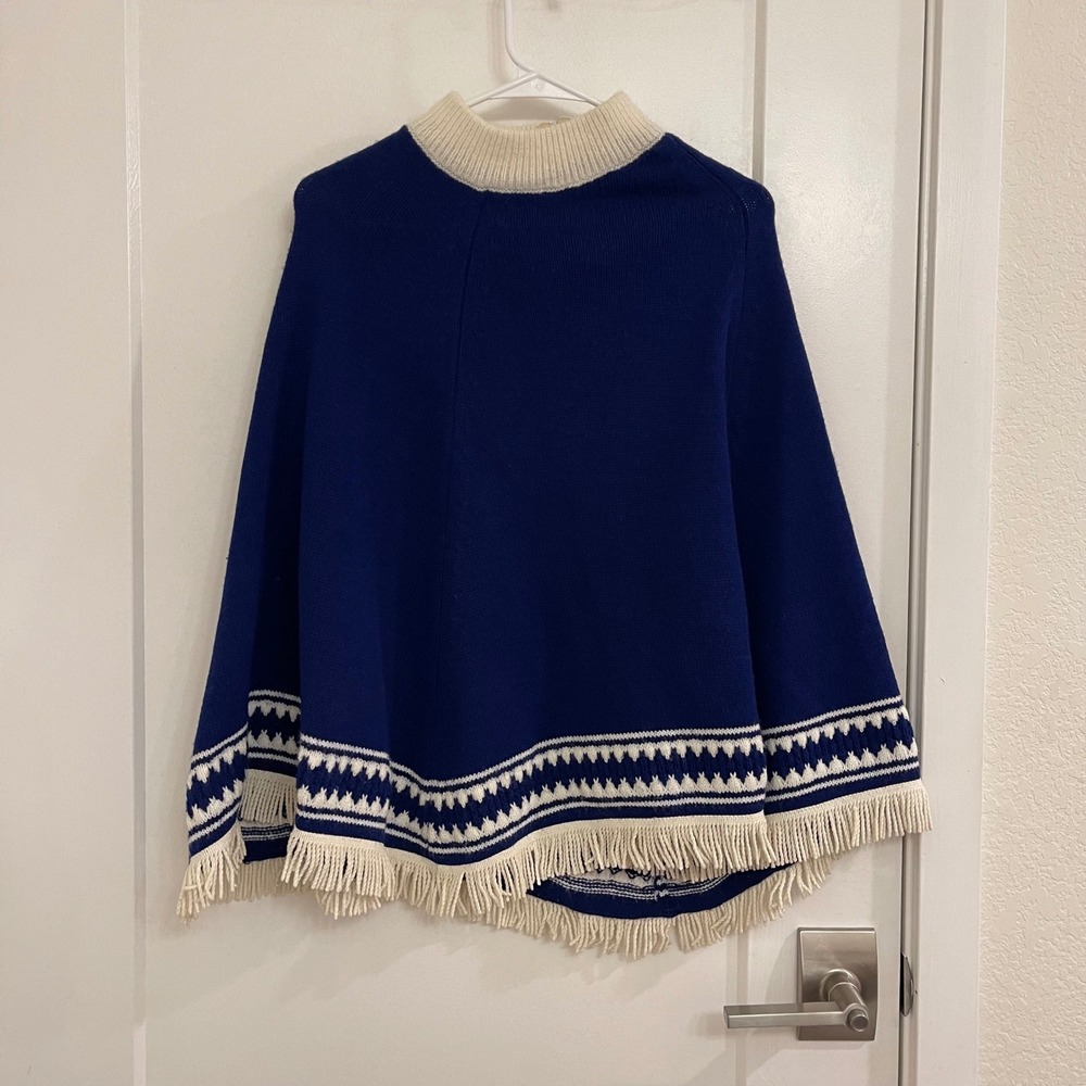 St Michael Orlon Wool Blue Poncho Fringe Retro Fall Holiday Made in Britain